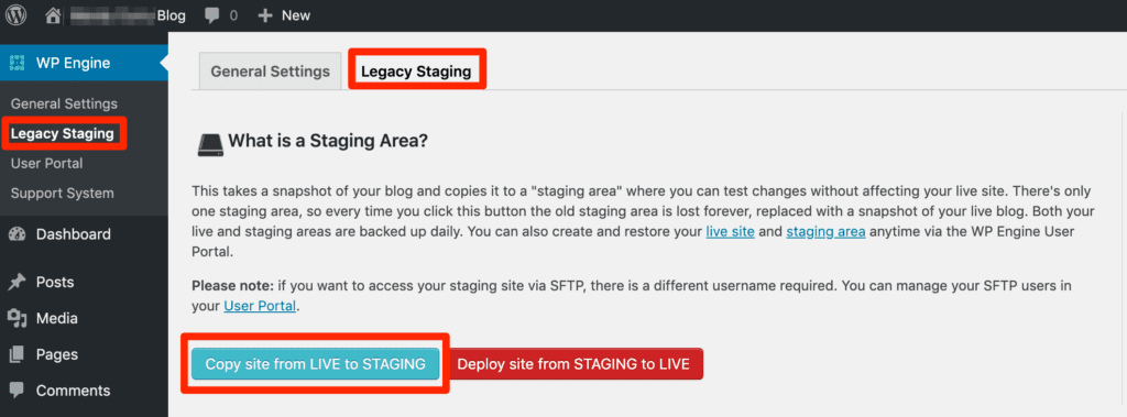 wp engine legacy staging environment