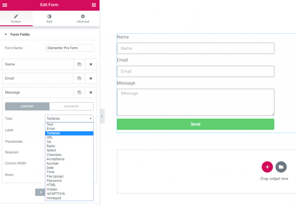 screenshot example of the edit form function for contact forms in elementor pro