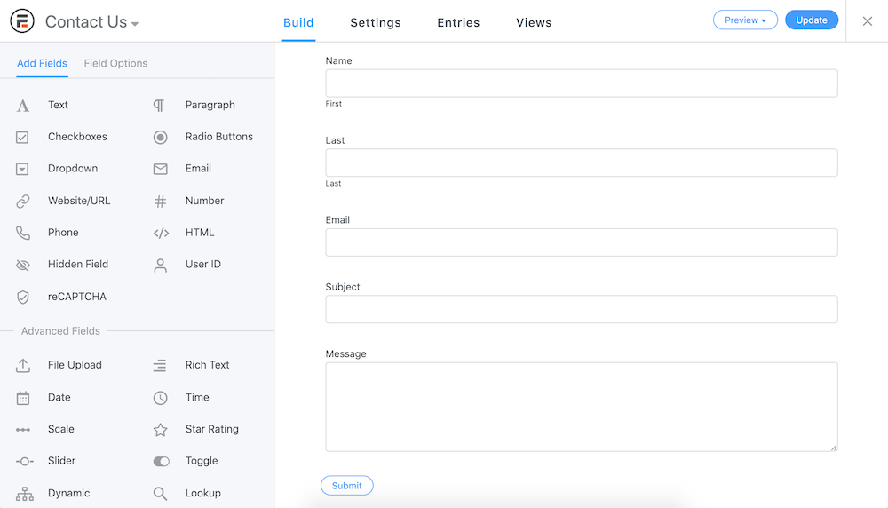 screenshot of the build function for contact forms in formidable forms