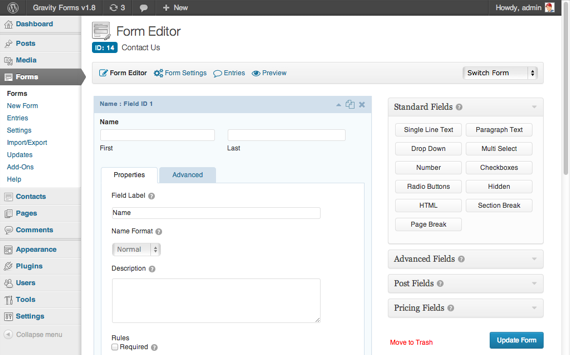 screenshot of Gravity Forms form editor in use