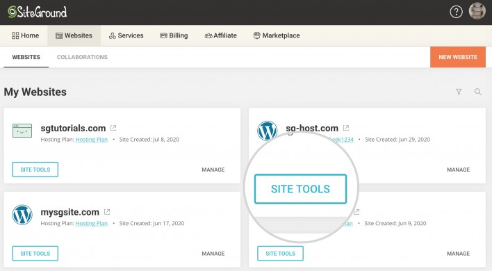 screenshot example of siteground site tools for web hosting