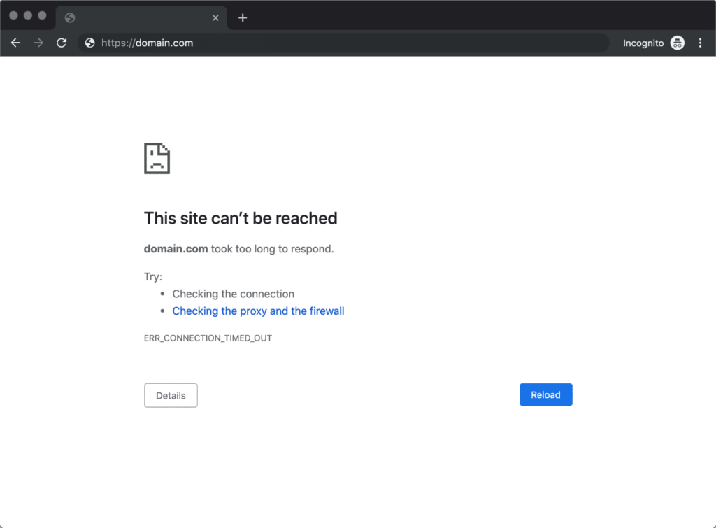 Example screenshot of common WordPress problem 'connection timed out' on Google Chrome