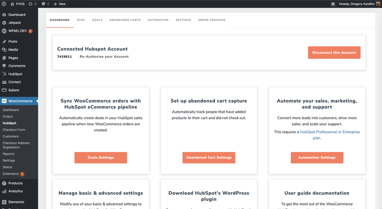 Example screenshot of the HubSpot dashboard for WooCommerce extension