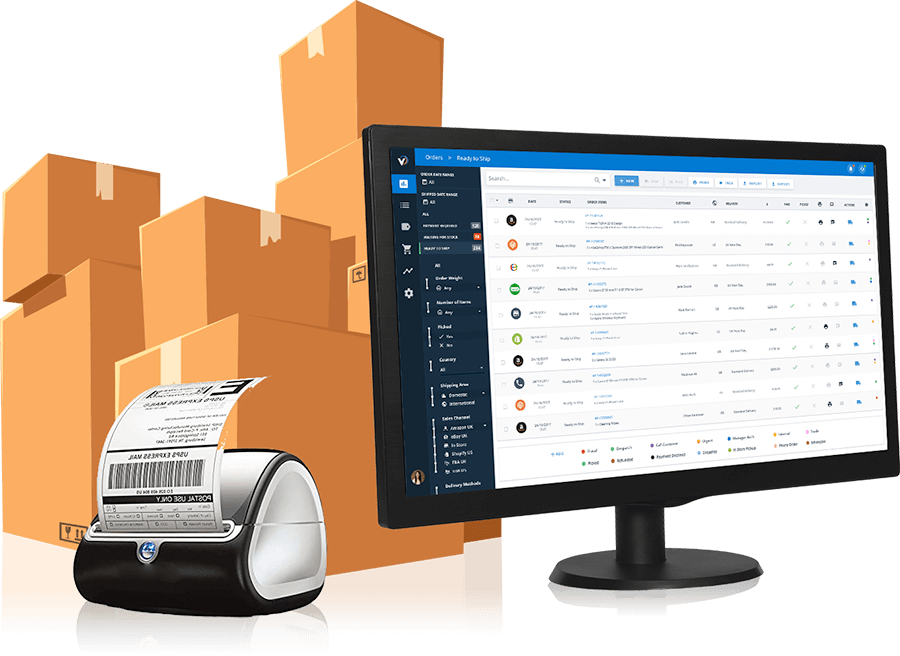 Stylised image of stacked brown parcels, a label printer and computer screen with WooCommerce webpage