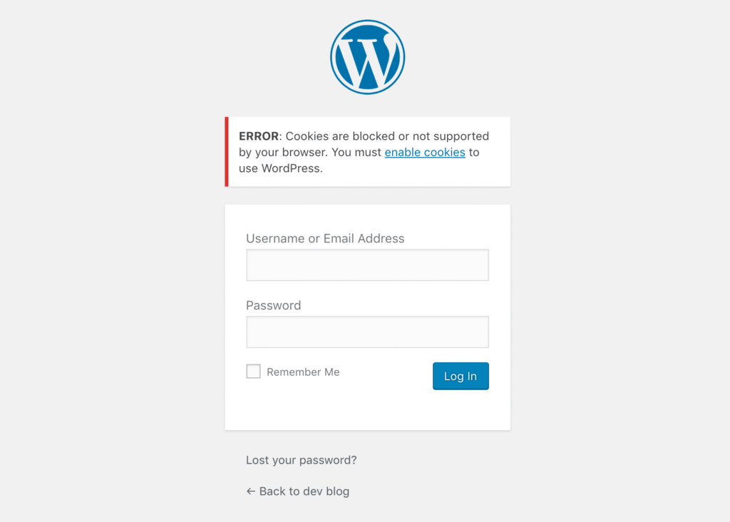 Example screenshot of a WordPress problem at the log in screen