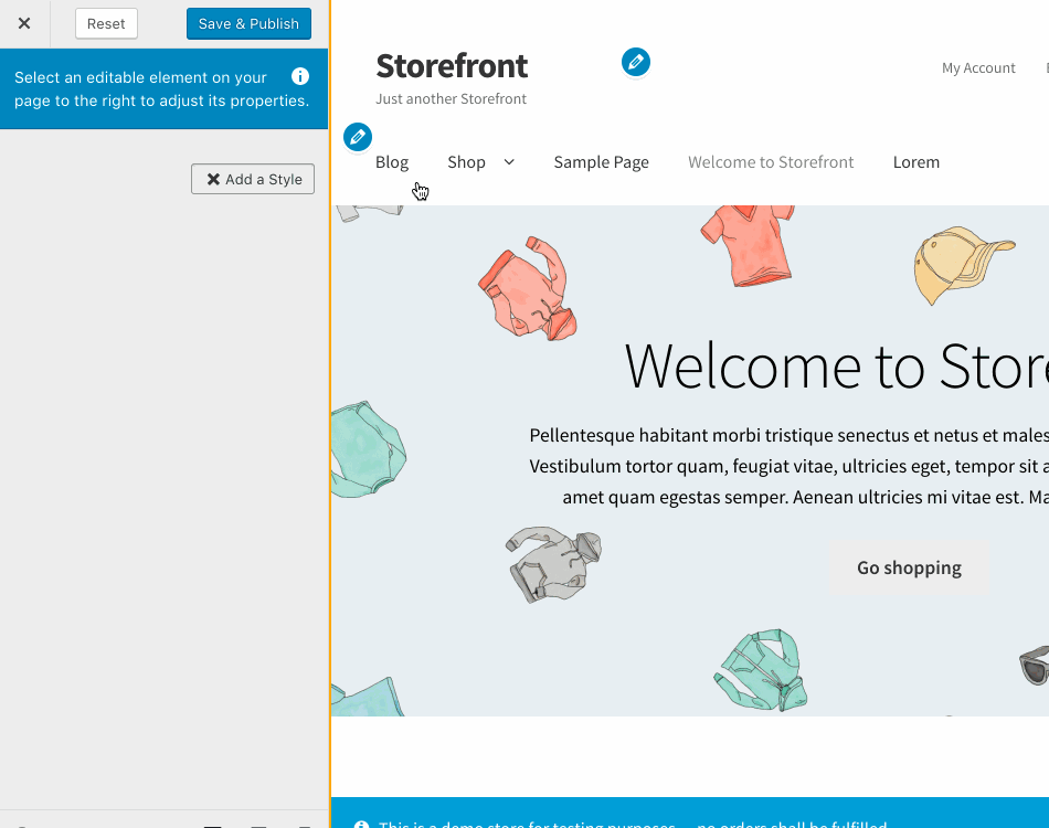 Gif showing the basic design functions of the WooCommerce Storefront extension
