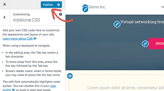 Example screenshot of editing CSS code in WordPress