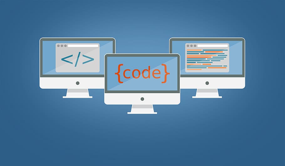 Graphic with three computer screens with picture examples of code on screen