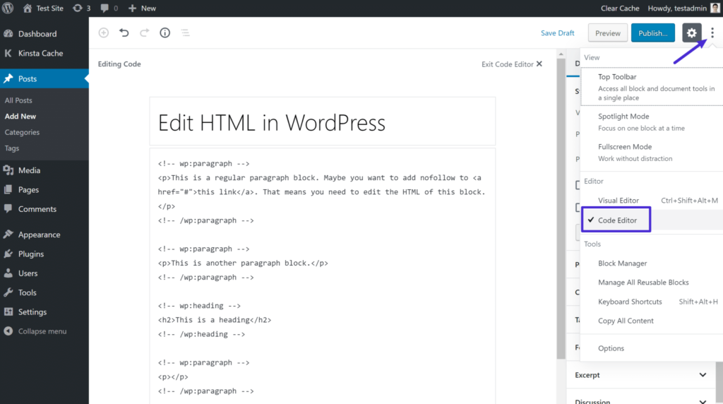 Example screenshot of editing HTML code in WordPress 