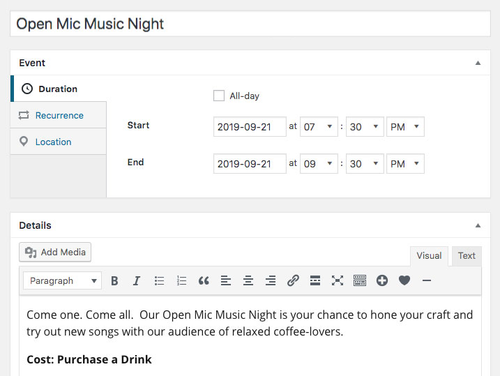 Example screenshot of adding a new event with Sugar Calendars WordPress calendar plugin