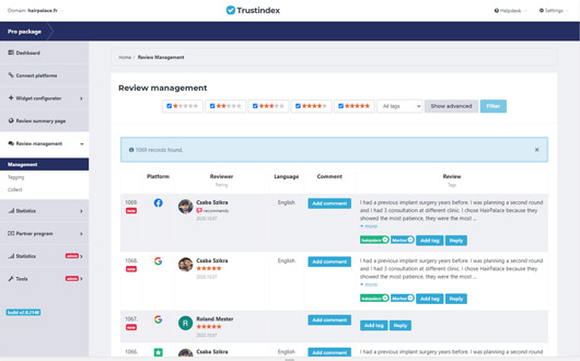Example screenshot of TrustIndex's review management system