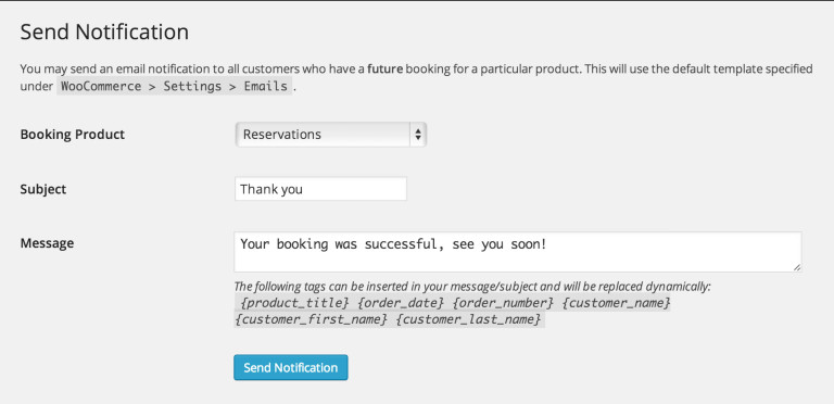 Example screenshot of WooCommerce calendar WordPress plugin setting up automatic notifications
