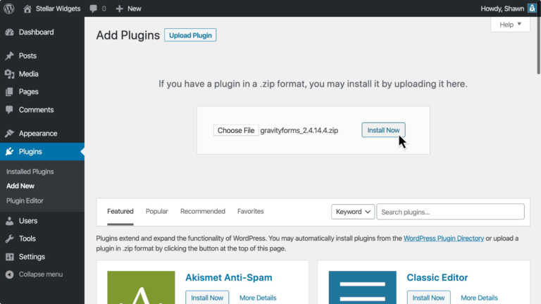 Example screenshot showing how to install Gravity Forms plugin in WordPress