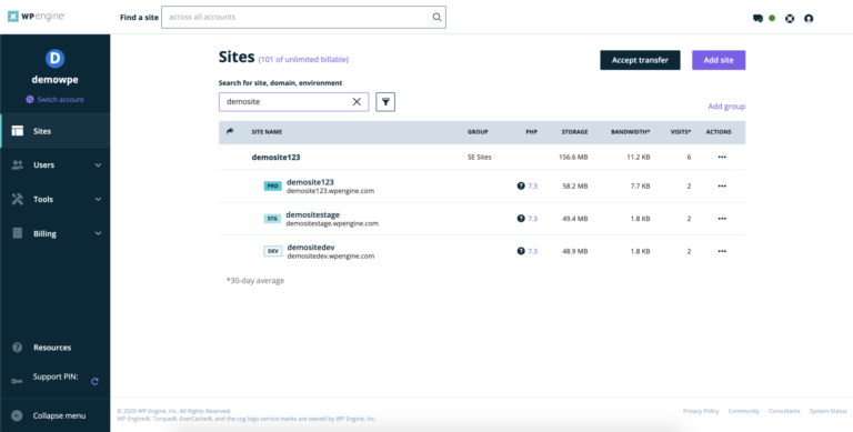 Example screenshot of WP Engine site management