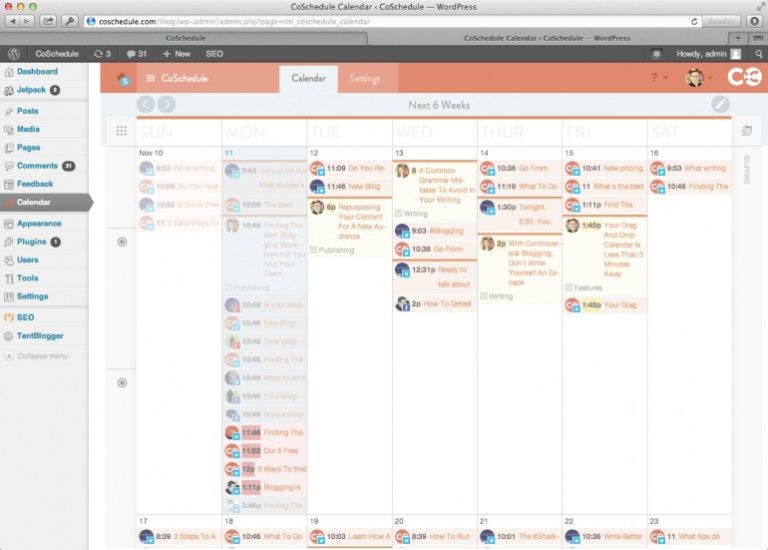 Example screenshot showing the CoSchedule calendar function in use in WordPress