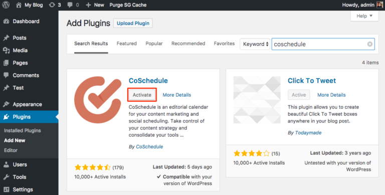 Example screenshot showing how to activate the CoSchedule WordPress plugin