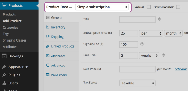 screenshot example showing adding a product with the WooCommerce Subscriptions WordPress plugin