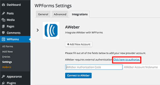 Example screenshot of the AWeber plugin integration process