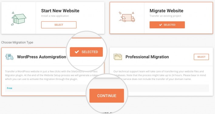 Example graphic demonstarating the migration option for the Siteground managed WordPress hosting service