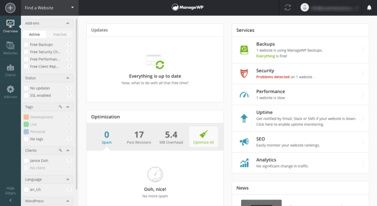 Example of the ManageWP WordPress management service dashboard