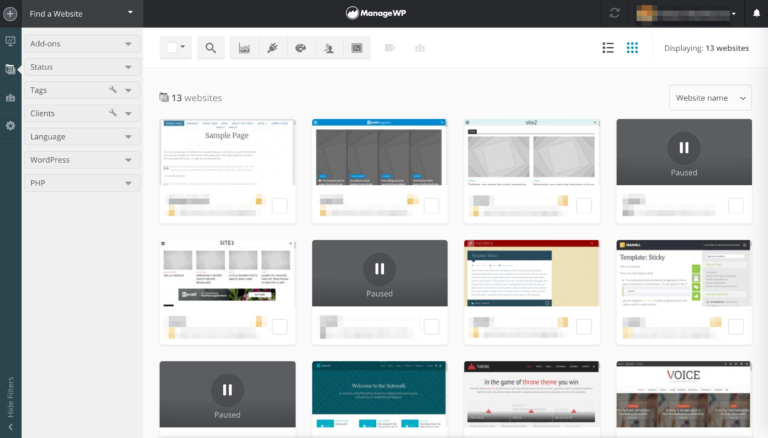 ManageWP WordPress management service example screenshot