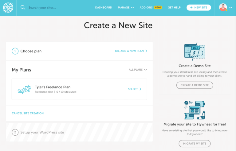 Example graphic showing how to create a new site with the Flywheel managed hosting service