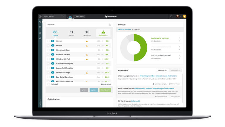 Illustration of a laptop with an example of the ManageWP WordPress management plugin dashboard on screen